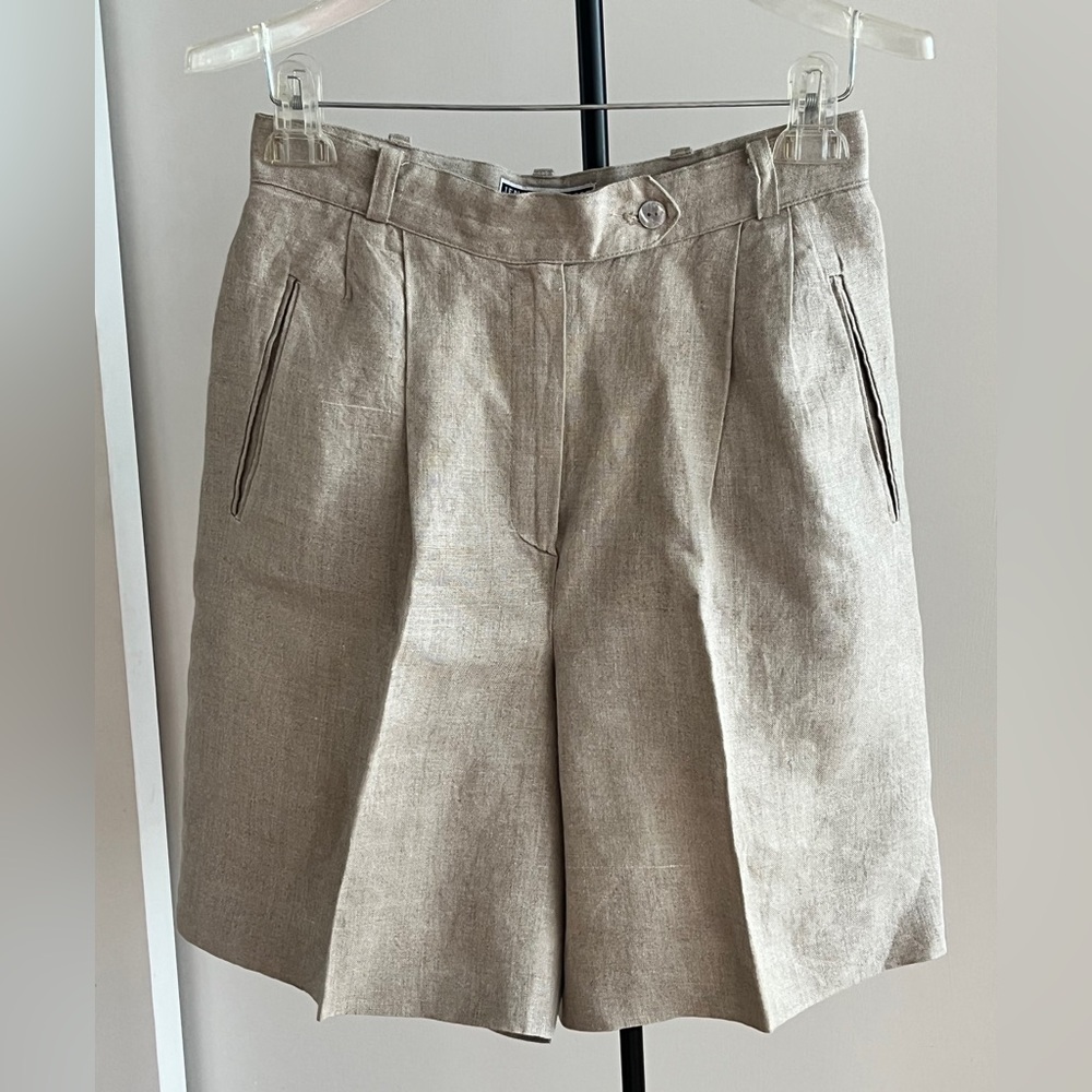 Vintage Jennifer Moore Beige Pleated 100% Linen High Rise Bermuda Shorts, Sz 10P